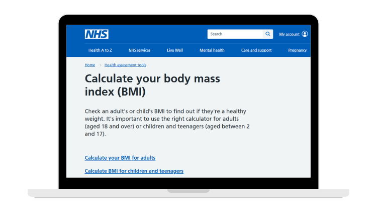 Image of NHS BMI calculator website homepage